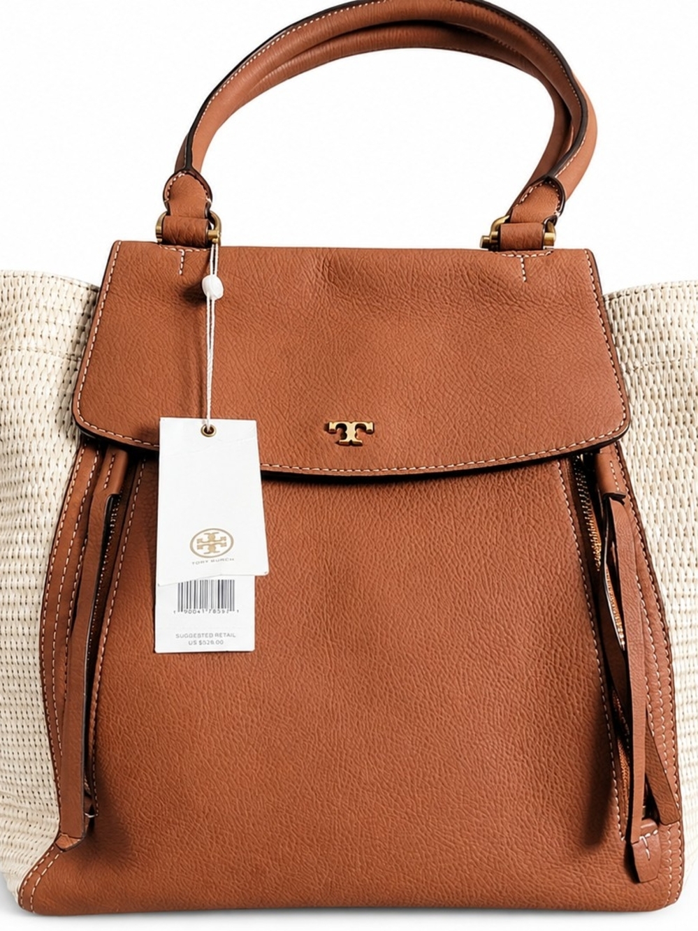 Tory Burch Cognac Leather Tote with Cream Woven Sides - Picture 2 of 4